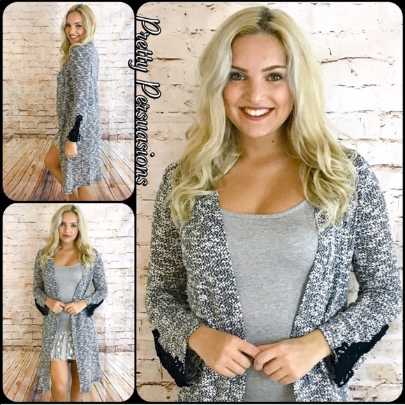 NWT Black Slub Knit Crochet Cuff Long Cardigan - Picture 4 of 8